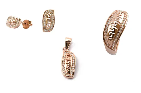 silverline, ασημένιο, γυναικείο, σετ (δαχτυλίδι-μενταγιόν χωρίς αλυσίδα-σκουλαρίκια) με ζιργκόν, γκρέκα και ροζ επιχρύσωμα